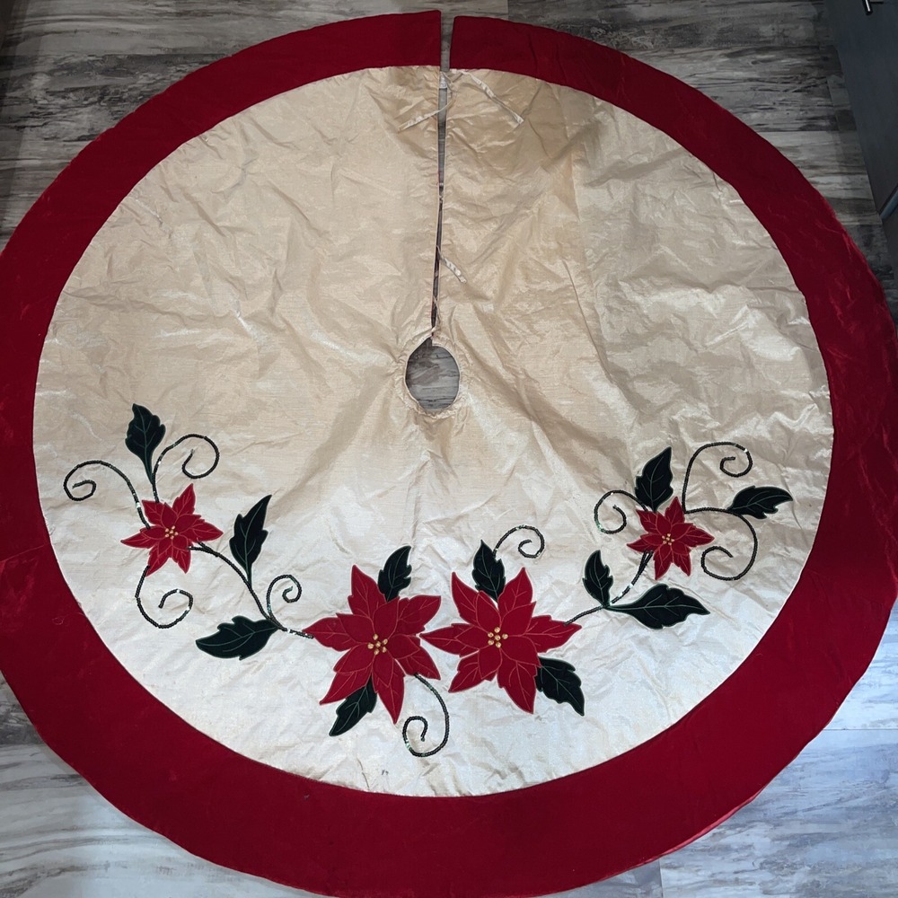 VTG Christmas Tree Skirt Huge 66" Sequins Sateen Polyester Velour Poinsettias
